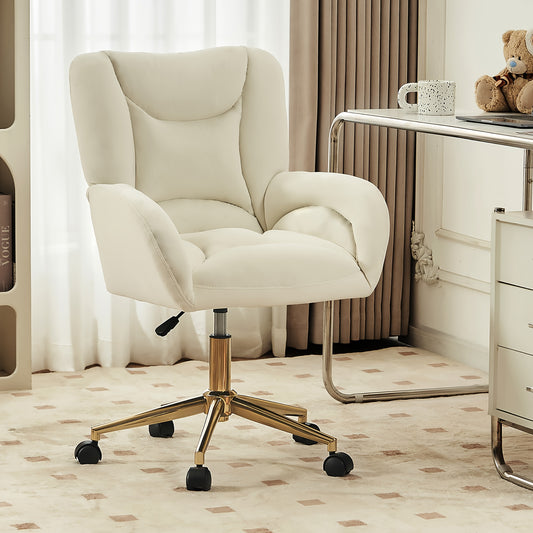 Bureaustoel – Draaistoel – Office Chair – Kantoorstoel – Bureaustoelen – Velvet Ivoor – Verstelbare Hoogte – Gouden Metalen Poten