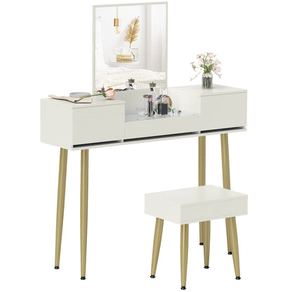 Kaptafel – Make-up Tafel – Schminktafel – Dressing Table – Cosmeticatafel – Met Spiegel en Kruk – 3 Lades en Tempered Glasblad – Metalen Poten – Wit – 105,5x30x130,5 cm
