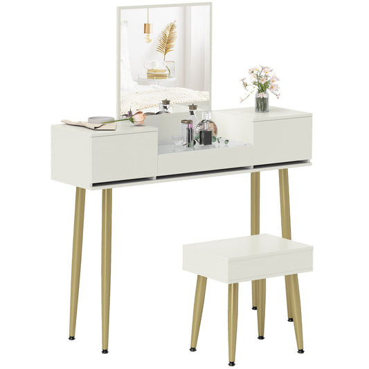 Kaptafel – Make-up Tafel – Schminktafel – Dressing Table – Cosmeticatafel – Met Spiegel en Kruk – 3 Lades en Tempered Glasblad – Metalen Poten – Wit – 105,5x30x130,5 cm