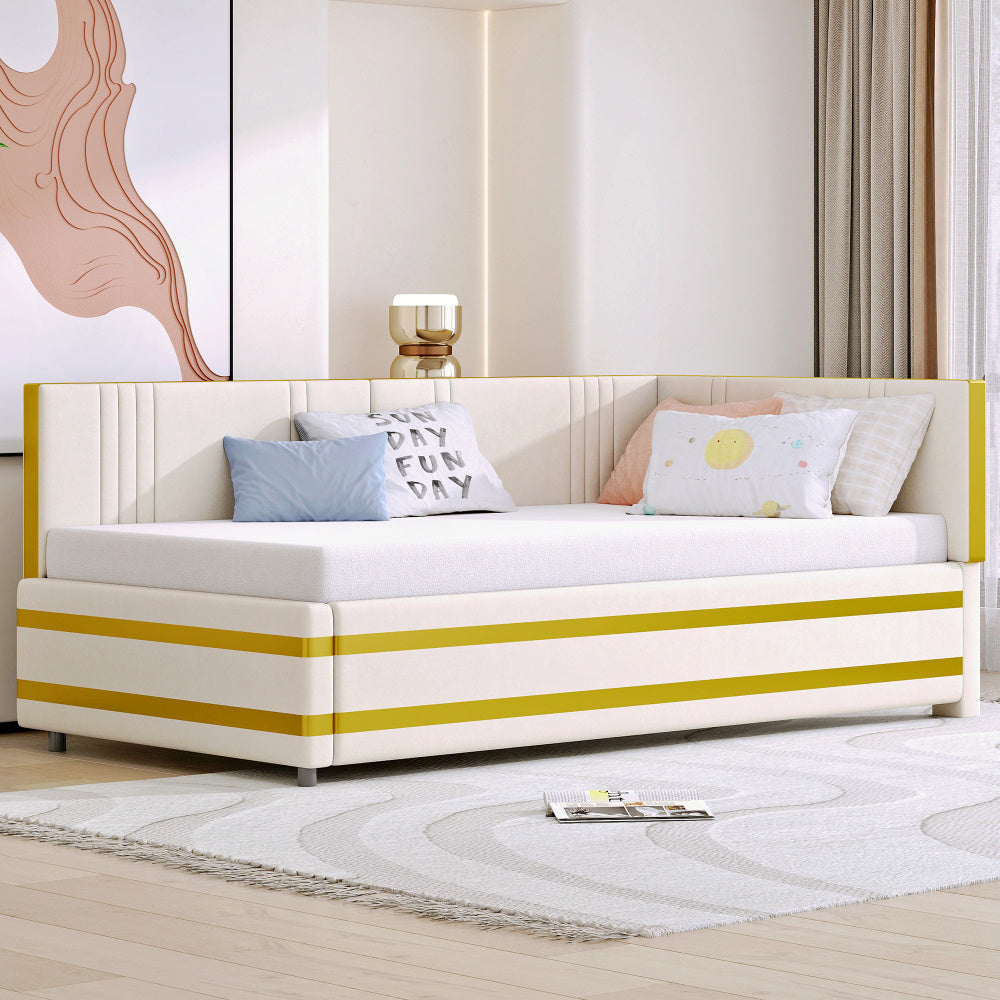 Gestoffeerd Bed – Sofa Bed – Multifunctioneel Bed – Bedbank – Eenpersoonsbed – 90x200 cm – Fluwelen Bekleding – Lattenbodem Voor Comfort - Beige