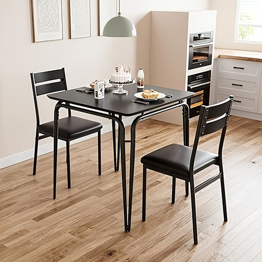 3-delige Eettafelset – Eettafel Meubelset – Tafel Met Stoelen – Compacte Eetset – Stoel Met Rugleuning – Ruimtebesparend Ontwerp – Houten Blad Met Metaal Frame