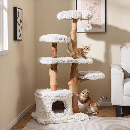 Krabpaal Kat – Krabboom Katten – Kattenmeubel – Klimpaal Kat – Kattenboom – 135 cm Hoog – Massief Houten Frame Met Jute Krabposts – Zacht Plush Zitgedeelte Wit
