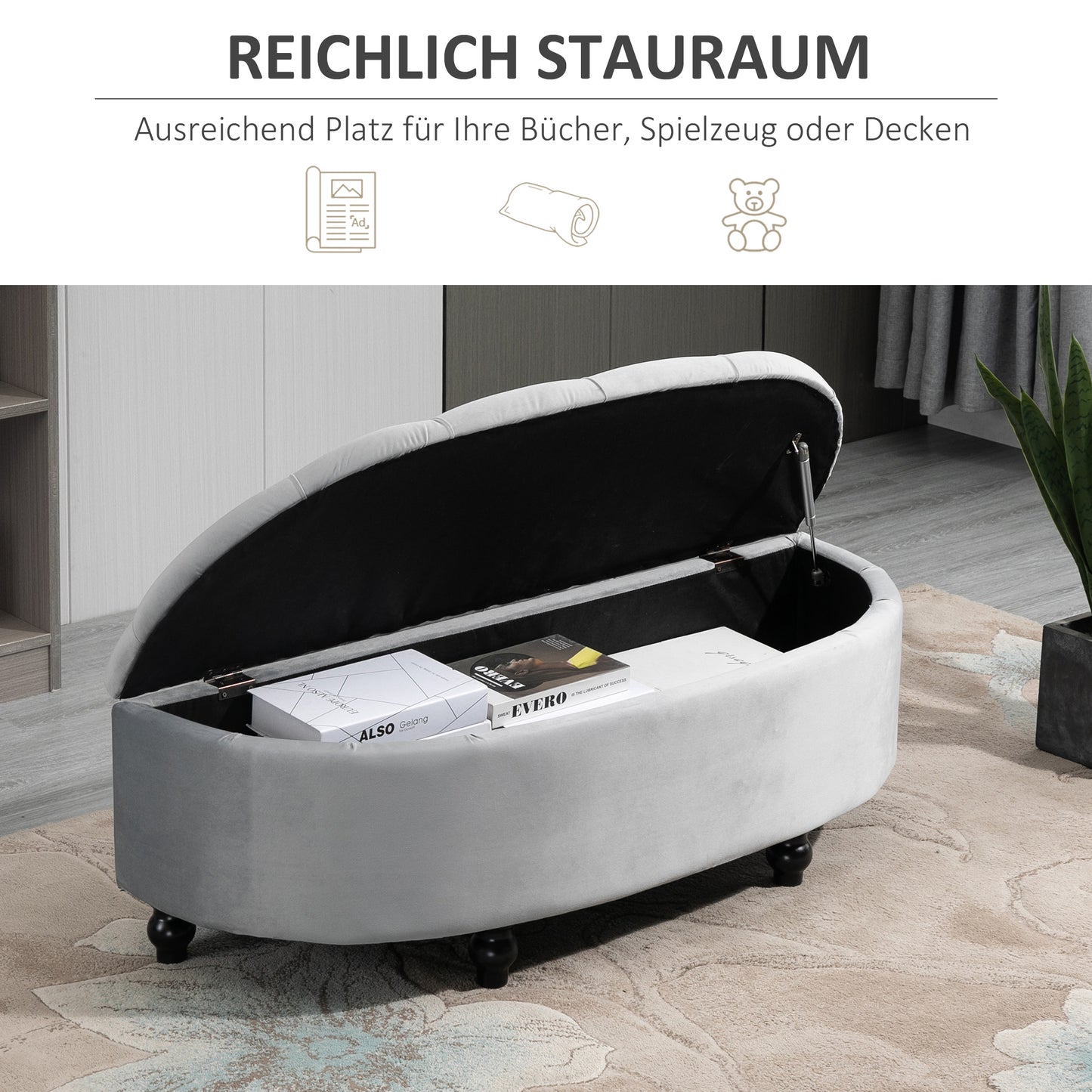 Opbergbank – Zitbank – Opbergkist – Halbank – Opbergbox – Fluweel Bekleed – Rubberen Houten Poten – 120x46x42 cm – Duurzaam en Comfortabel
