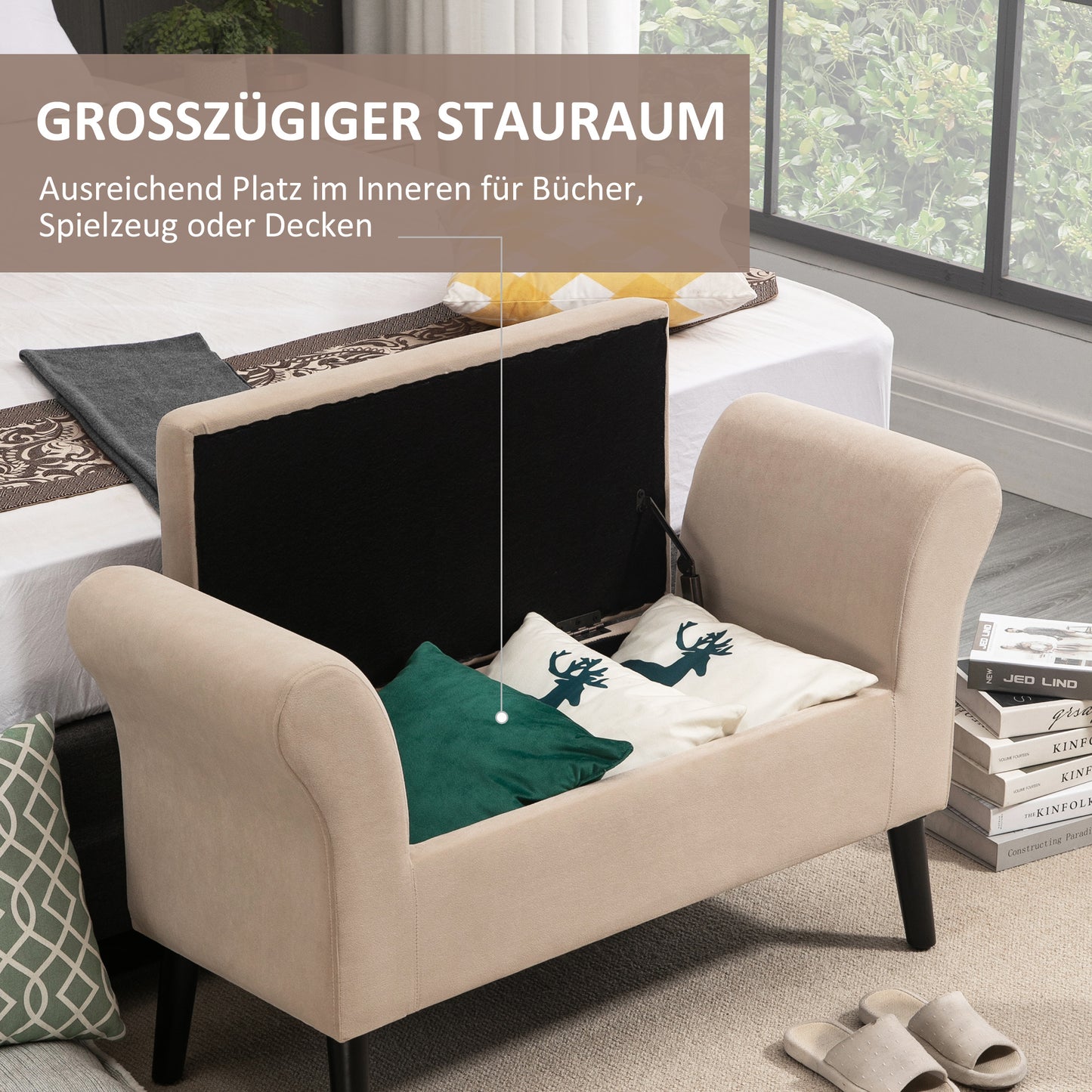 Opbergbank – Opbergbankje – Bankje – Zitbank – Opbergmeubel – Beige – Fluweel Polyester – Stevige Rubberen Poten – 111,5x41x65 cm