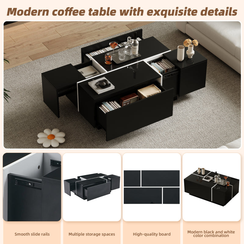Salontafel – Koffietafel – Tafel – Woonkamertafel – Opbergtafel – Zwart-Wit Patchwork – 4 Uittrekbare Lades – Hoogglans Afwerking – 100x60x40 cm – Belastbaar Tot 30 kg