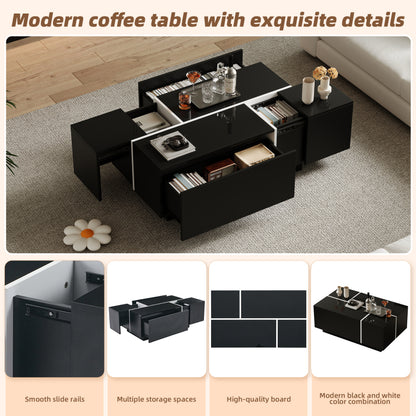 Salontafel – Koffietafel – Tafel – Woonkamertafel – Opbergtafel – Zwart-Wit Patchwork – 4 Uittrekbare Lades – Hoogglans Afwerking – 100x60x40 cm – Belastbaar Tot 30 kg