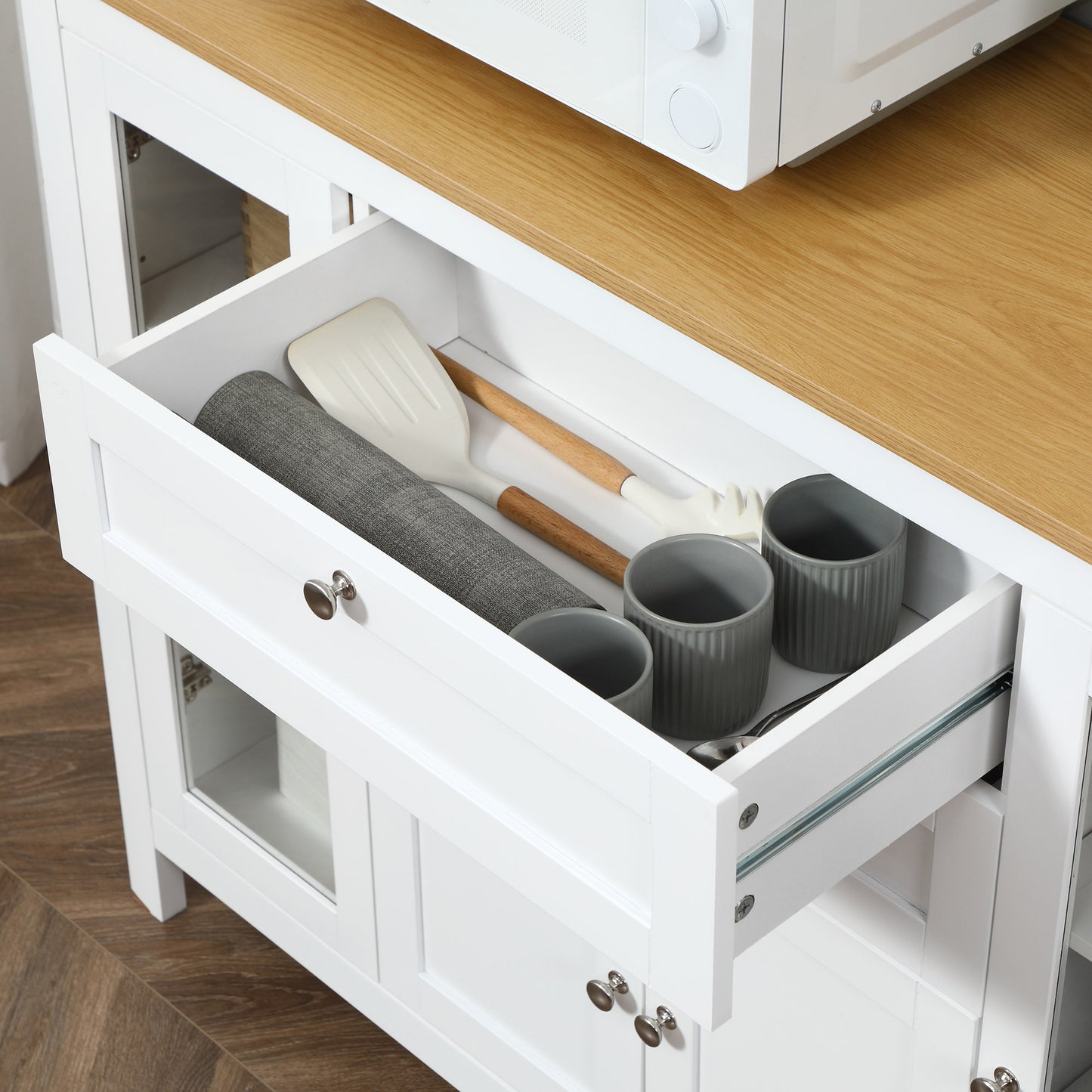 Dressoir – Buffet – Kast – Opbergmeubel – Woonkamermeubel – Wit Met Houtlook – 2 Glazen Deuren – Verstelbare Planken – 2 Lades – 1 Afsluitbare Kast – MDF En Metaal – Anti-Kantel Veiligheid