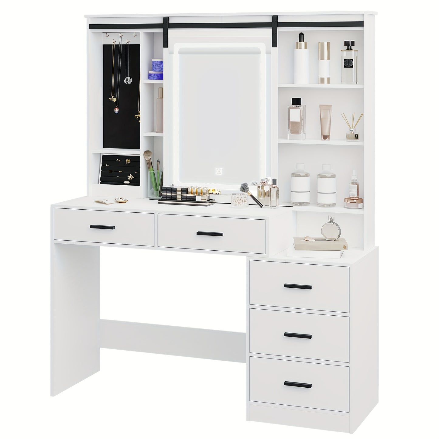 Make-up Tafel – Kaptafel – Schminktafel – Vanity Table – Toogtafel – Verstelbare LED-verlichting – Grote Draaiende Spiegel – Wit – 5 Lades – Sieradenopslag