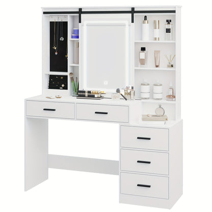 Make-up Tafel – Kaptafel – Schminktafel – Vanity Table – Toogtafel – Verstelbare LED-verlichting – Grote Draaiende Spiegel – Wit – 5 Lades – Sieradenopslag