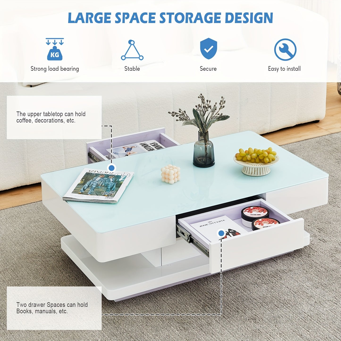 Salontafel – Koffietafel – Tafel – Woonkamertafel – Bijzettafel – Hoogglans Wit – 8 mm Gehard Glas – 2 Opberglades