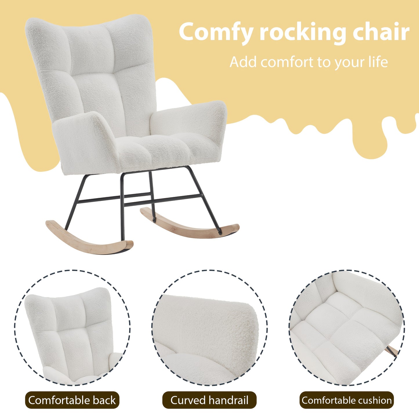 Witte Schommelstoel – Schommelstoel Loungestoel Relaxstoel Tuinstoel Stoel – Met Metalen Frame – Cross-Back Ontwerp – Comfortabele Katoenen Bekleding – Hoogwaardige Stevigheid