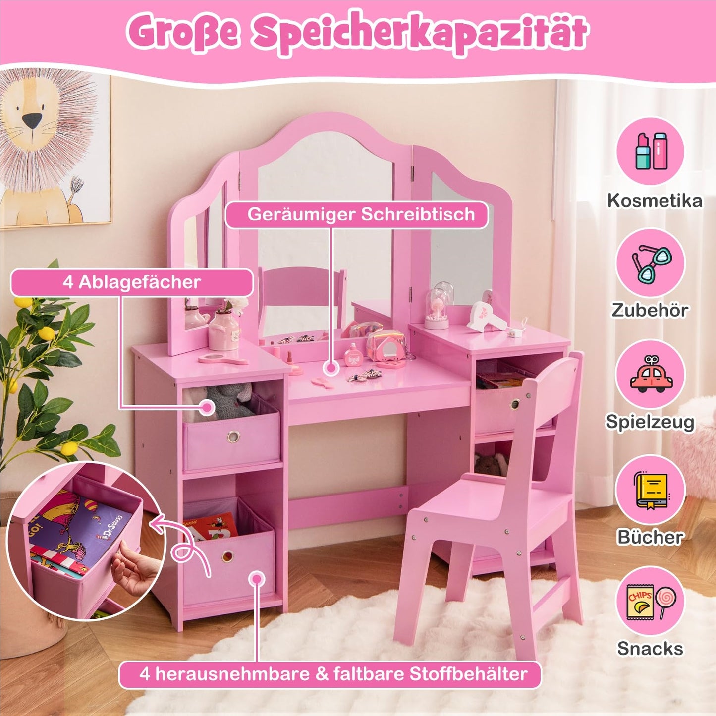 Kinder Make-up Tafel – Schminktafel – Speeltafel – Vanity – Kaptafel – 2-in-1 Met Verwijderbare Spiegel – Inclusief Opslagboxen – Roze