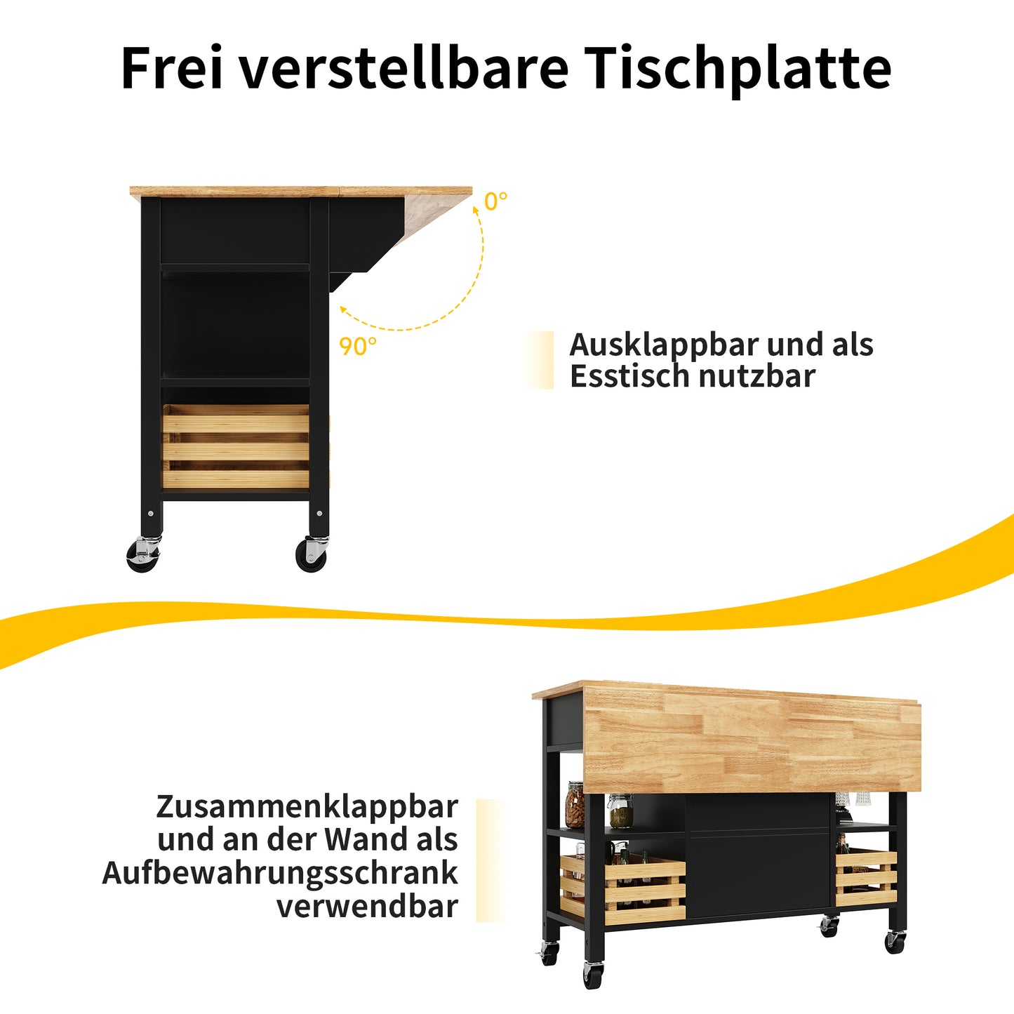 Keukeneiland – Keukenkast – Buffetkast – Keukenwagen – Serveerwagen – Uitklapbaar Werkblad – MDF Houtfineer Zwart 120x45x90 cm
