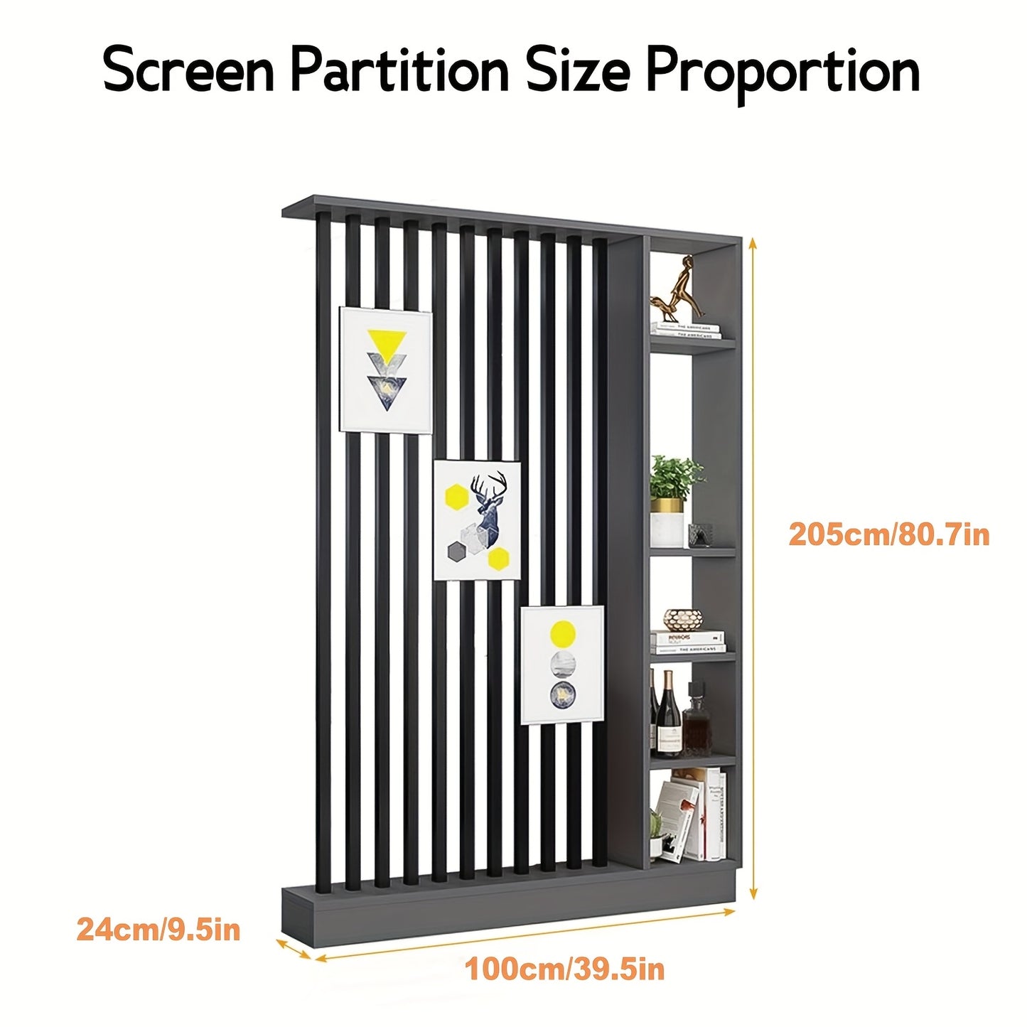 Roomdivider – Scheidingswand – Kamerscherm – Privacywand – Opbergkast – Vrijstaand Houten Design – Ruimtebesparende Verticale Planken – Klassiek Grijs Met Zwarte Details