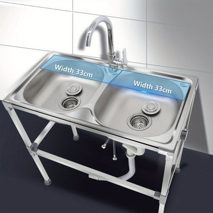 Dubbele Wasbak – RVS Spoelbak – Vrijstaande Wasbak – Draagbare Wasbak – Keuken Wasbak – Roestvrij Staal – Warm- en Koudwaterkraan – Afmetingen 75x40x83 cm