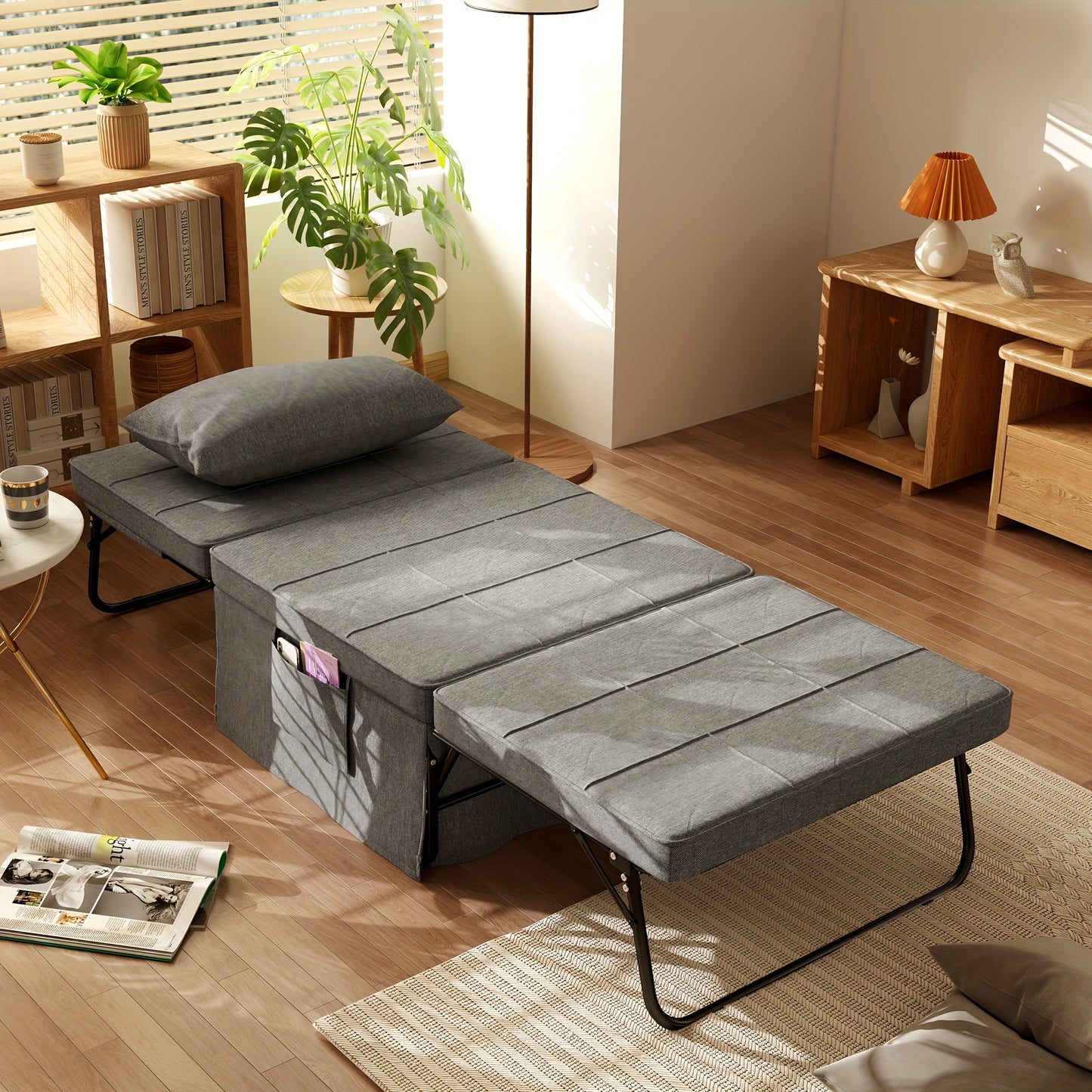 Logeerbed – Opklapbed – Slaapbank – Vouwbed – Fauteuil – 8 cm Matras – 5 Hoogtestanden Verstelbaar – 188x75x38 cm – Metaal
