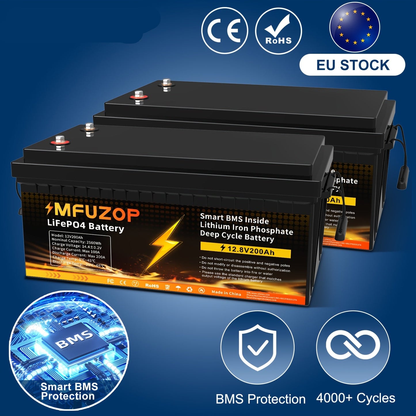 Lithium Accu – LiFePO4 Accu – Bootaccu – Caravanaccu – Zonne-energie Accu – 12V 200Ah – 200A BMS Bescherming – Lange Levensduur 5000+ Cycli
