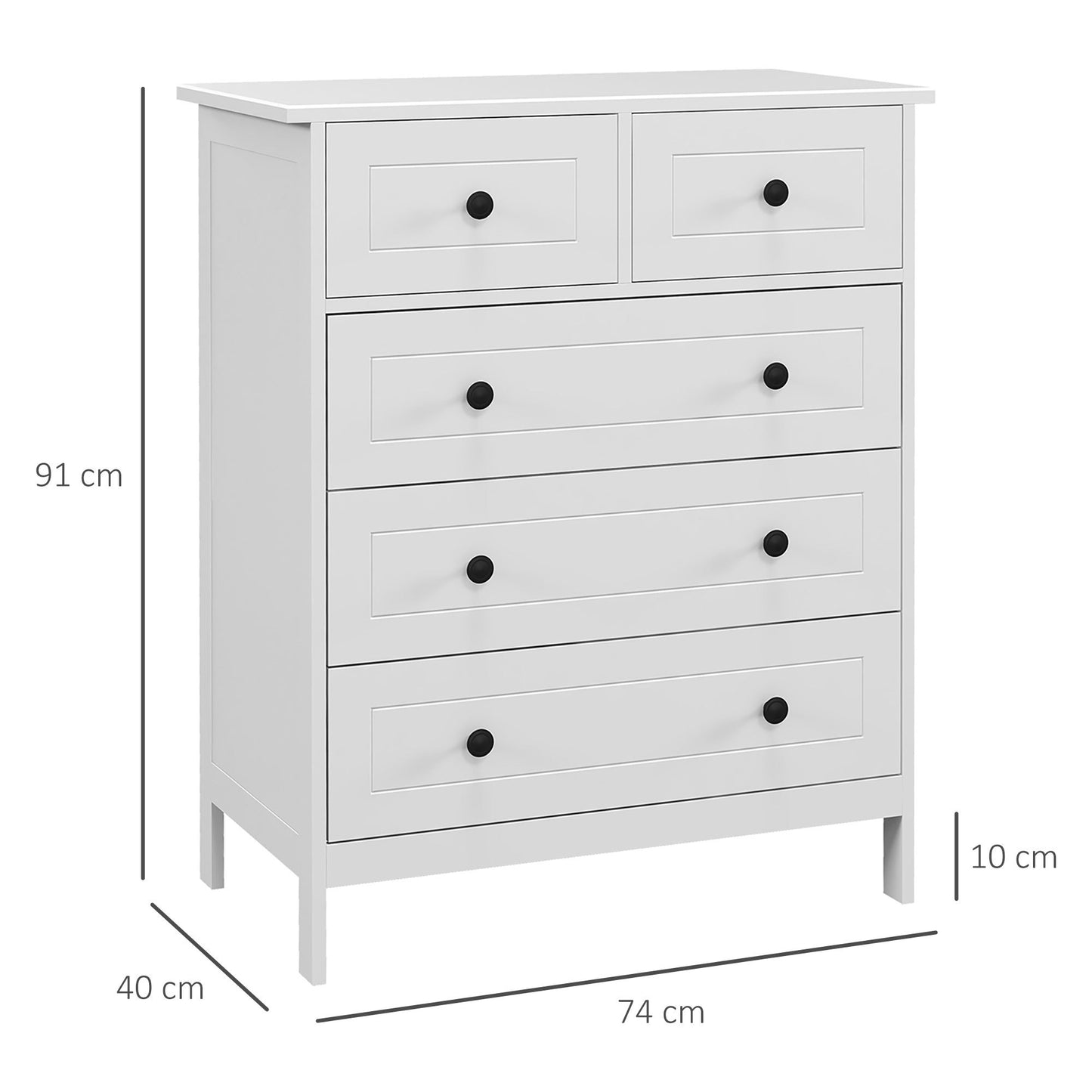 Ladekast – Commode – Opbergkast – Kast – Kastje – 5 Laden – Wit – Compact Formaat 74x40x91 cm – Metaalgrepen