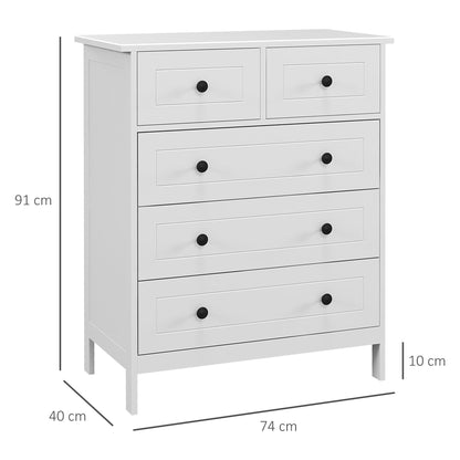 Ladekast – Opbergkast – Commode – Kast – Ladenkast – Wit – 5 Ruime Laden – Compact Formaat 74x40x91 cm