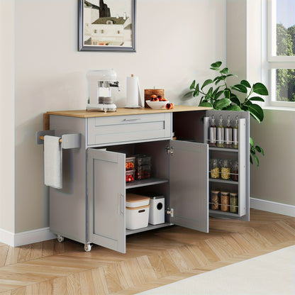 Large Mobile Kitchen Table with Foldable Countertop - Heavy-Duty Metal Construction, Space-Saving Design, 5 Casters for Easy Mobility, Modern Kitchen Island or Dining Table with Cabinet & Spice Rack - Ideal for Small Kitchens