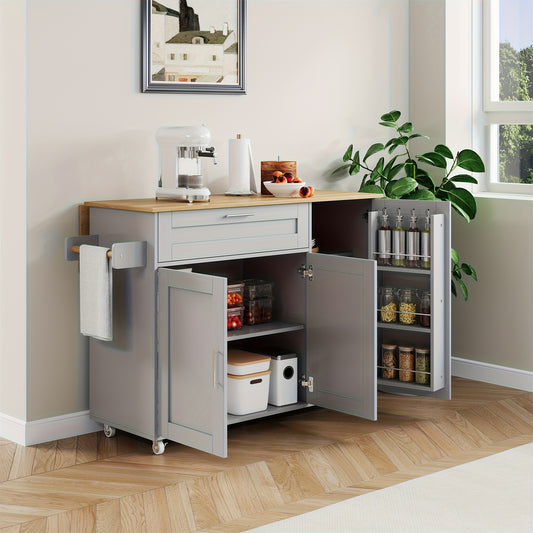 Large Mobile Kitchen Table with Foldable Countertop - Heavy-Duty Metal Construction, Space-Saving Design, 5 Casters for Easy Mobility, Modern Kitchen Island or Dining Table with Cabinet & Spice Rack - Ideal for Small Kitchens