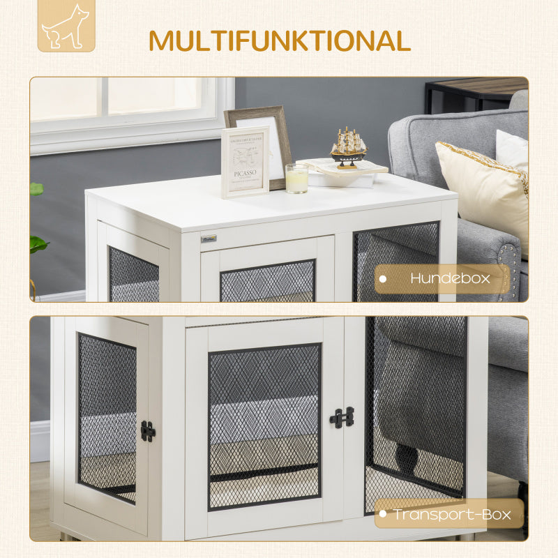 Hondenbench – Hondenkooi – Hondenhok – Hondenbench Met Tafelblad – Hondentafel – Wit/Zwart – Met Zacht Kussen – 2 Deuren – 94 x 60 x 71,5 cm