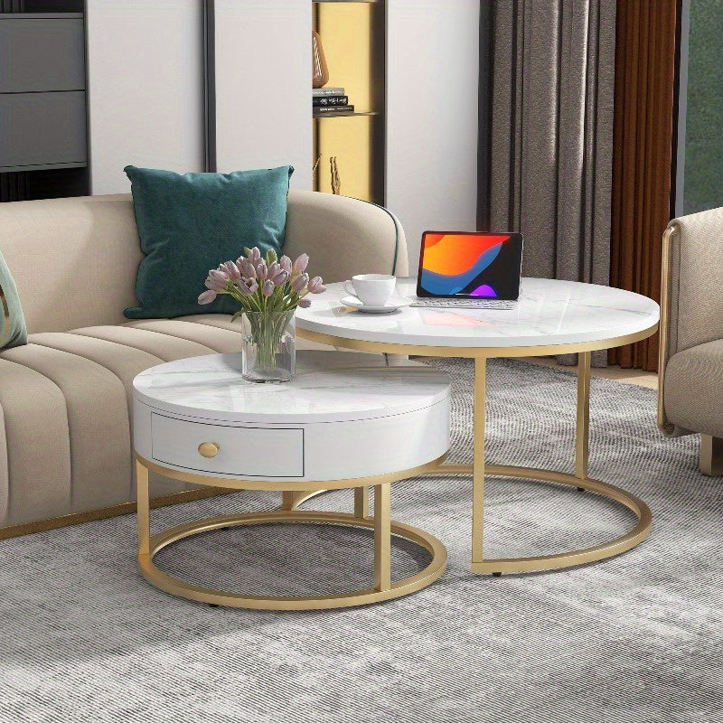 Salontafel – Bijzettafel – Koffietafel – Nestingtafel – Uittrekbare Tafel – Modern Design – Hoogglans Marmerlook – Verstelbare Hoogte – Zwart Metaal – Gouden Accenten