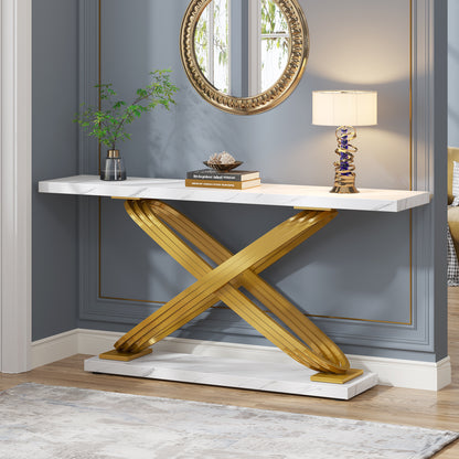 Sidetable – Consoletafel – Haltafel – Banktafel – Bijzettafel – Wit Faux Marmeren Blad – Gouden Metalen Frame – 139,7 cm Breed – Modern Design