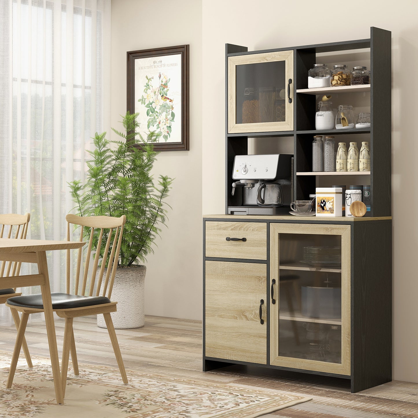 Keukenkast – Buffetkast – Keukenbuffet – Opslagkast – Dressoir – Moderne Design – Verstelbare Plank – Anti-Kantel Systeem – 90x39x177 cm – Zwart/Natuurlijk