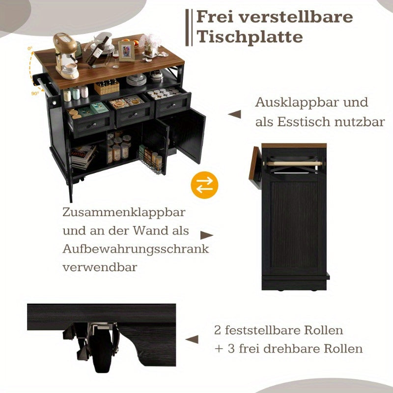 Modern Kitchen Island Cart 118x43x80x98cm - Metal Frame with Wood Grain Black Finish, 4 Locking Wheels, Removable Partitions & Towel Holder, Multifunctional Storage Cabinet for Dining & Living Spaces, Kitchen Furniture, Versa