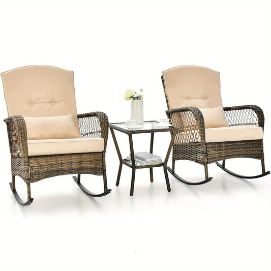 3-delige Tuin Schommelstoel Set – Buitenschommel Stoel – Lounge Stoel – Relaxstoel – Balkonmeubel – Handgeweven PE Rattan – Gehard Glas Tafel – Comfortabele Kussens – Veilig Schommelontwerp Beige