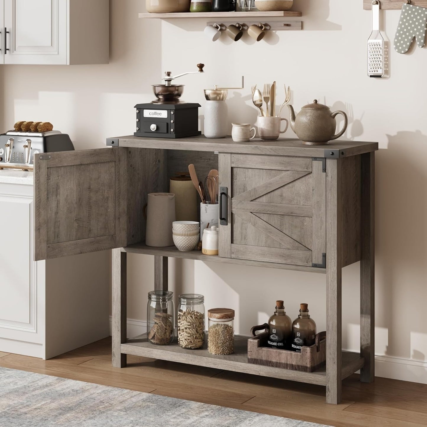 Sidetable – Haltafel – Consoletafel – Wandtafel – Bijzettafel – Grijs – Met 2 Deuren En 2 Laden – Stevig Metalen Frame & Krasbestendig Oppervlak