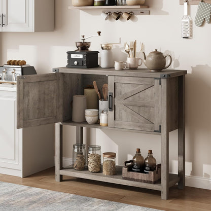 Sidetable – Haltafel – Consoletafel – Wandtafel – Bijzettafel – Grijs – Met 2 Deuren En 2 Laden – Stevig Metalen Frame & Krasbestendig Oppervlak
