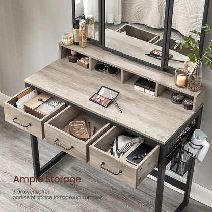 Kaptafel – Make-up Tafel – Opmaaktafel – Cosmetica Tafel – Schoonheidstafel – Industriële Stijl – Drie Lades & Driedelige Spiegel
