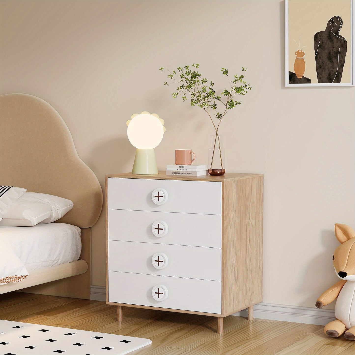 Nachtkastje – Ladekast – Slaapkamerkast – Opbergkast – Bijzettafel – Wit – 4 Lades – Bamboe – 80x54x90 cm – Compact – Duurzaam