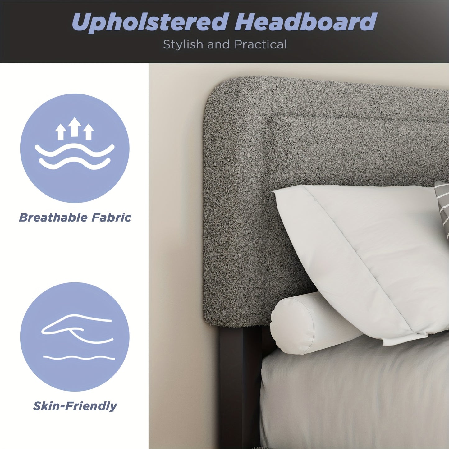Contemporary Bed Frame with a Gray Sherpa Fleece Headboard, Single Size 90×200Cm, Featuring a Soft Fabric Design And a Detachable Backrest.