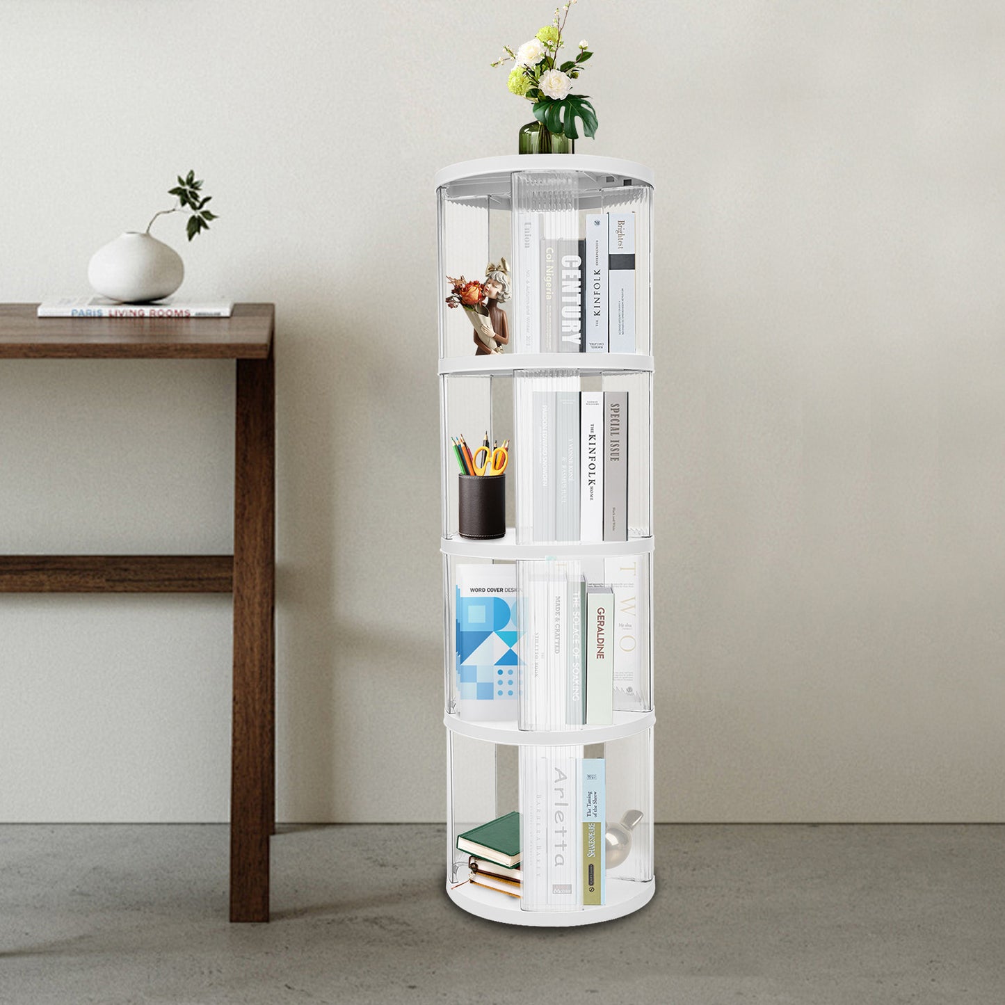Boekenrek – Boekenkast – Boekenplank – Opbergkast – Boekenstandaard – Draaibaar 360° – Ruim 4-laags – Duurzaam ABS & PET – Compact en Stijlvol – Wit