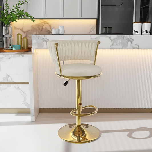 Luxe Royal-Style Barkruk – Verstelbare Hoogte, Draaibaar – Fluwelen Zitting met Gouden Poten, Stevige Ronde Kruk voor Keuken, Home Bar of Café – Elegant Design in Goud & Wit