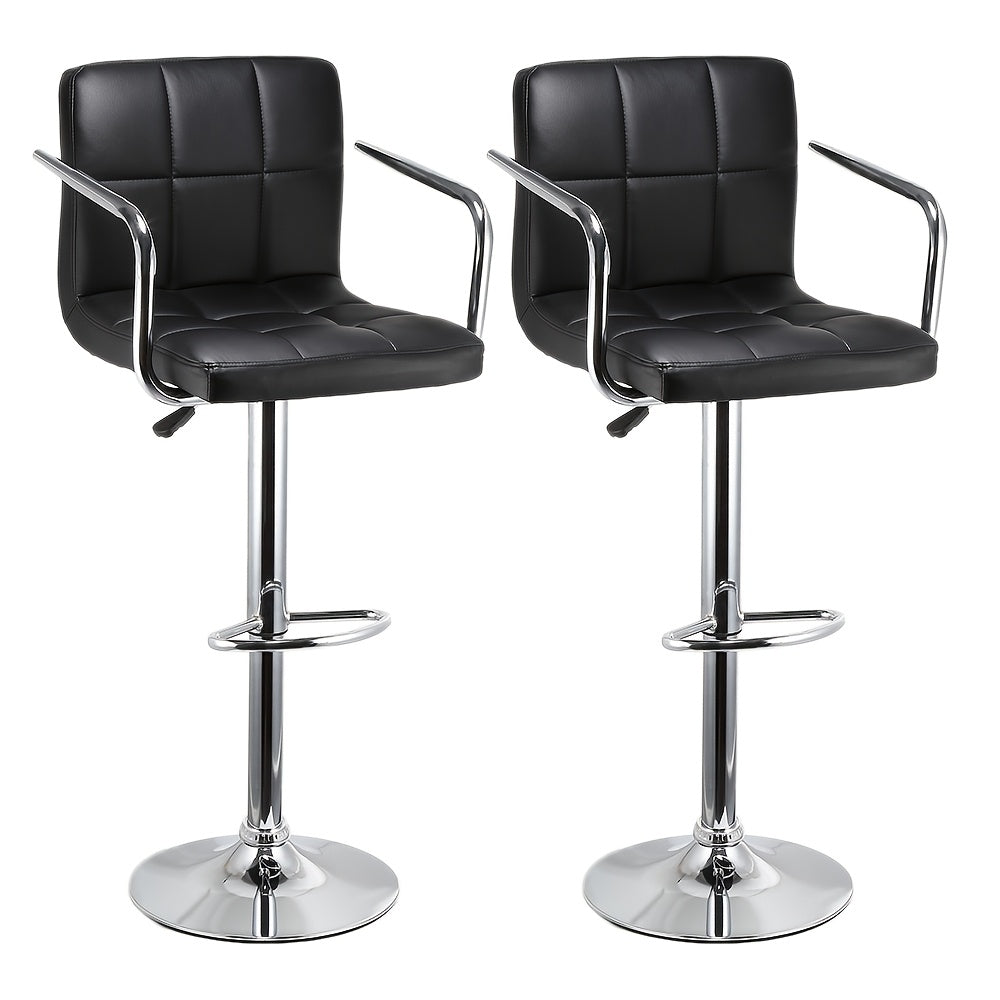2pcs Faux Leather Bar Stools Set | 63.5cm To 83.82cm Adjustable Height Swivel Counter Stools With Padded Seat, Backrest & Footrest, Modern PU Kitchen Island Chairs For Home Bar, Cafe Style (Black)