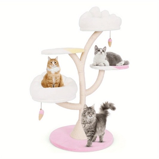 Krabpaal – Kattenboom – Kattenhuis – Kattenmeubel – Kattentoren – 4 Niveaus Met Speelballen – Afneembare Wasbare Ligplaatsen – Roze/Wit – Compact & Stevig