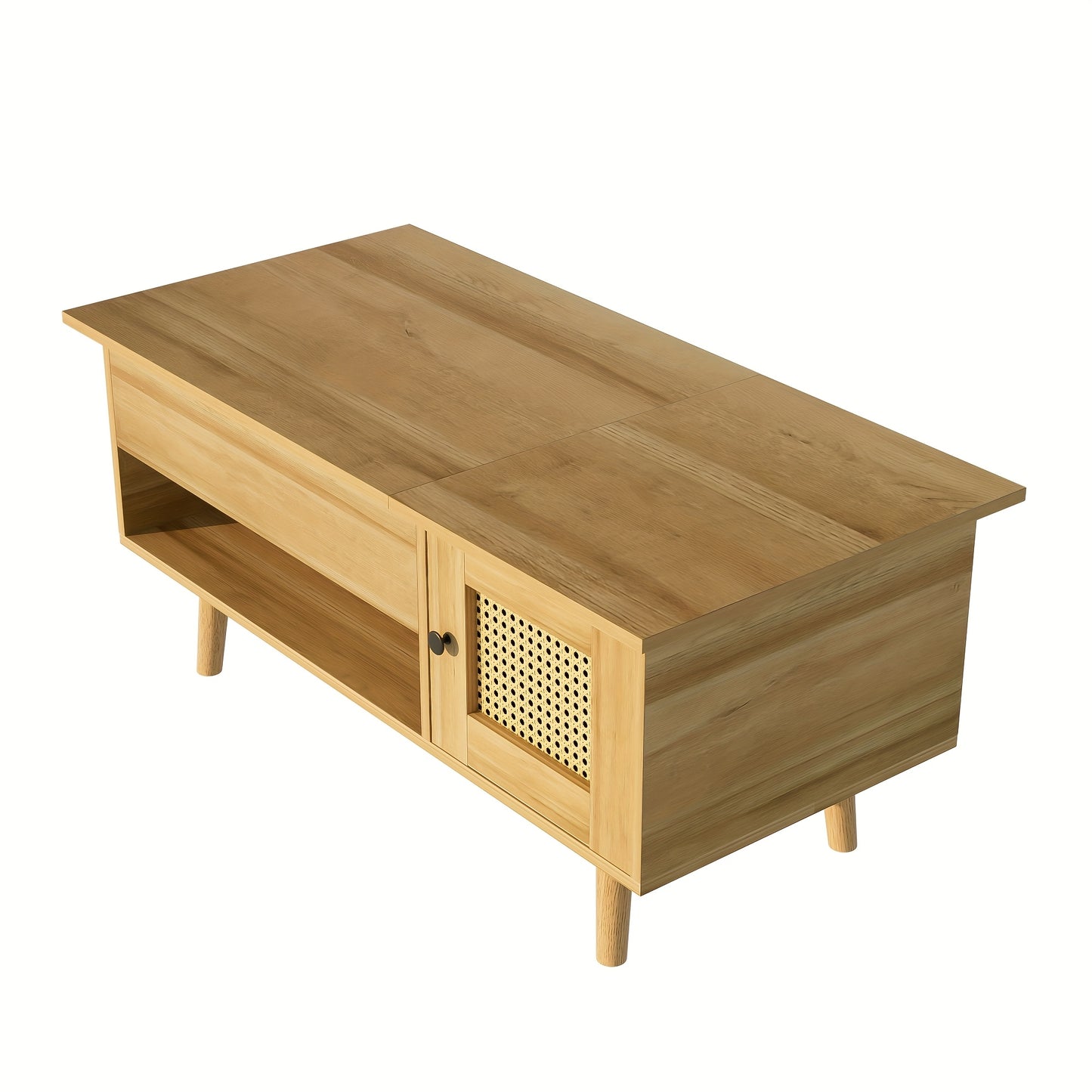 Modern Space-Saving Wooden Coffee Table with Adjustable Tabletop & Rattan Door Storage - Black Accent Legs, Engineered Wood & Hardwood Frame, Easy Assembly Living Room Furniture, Coffee Table for Living Room