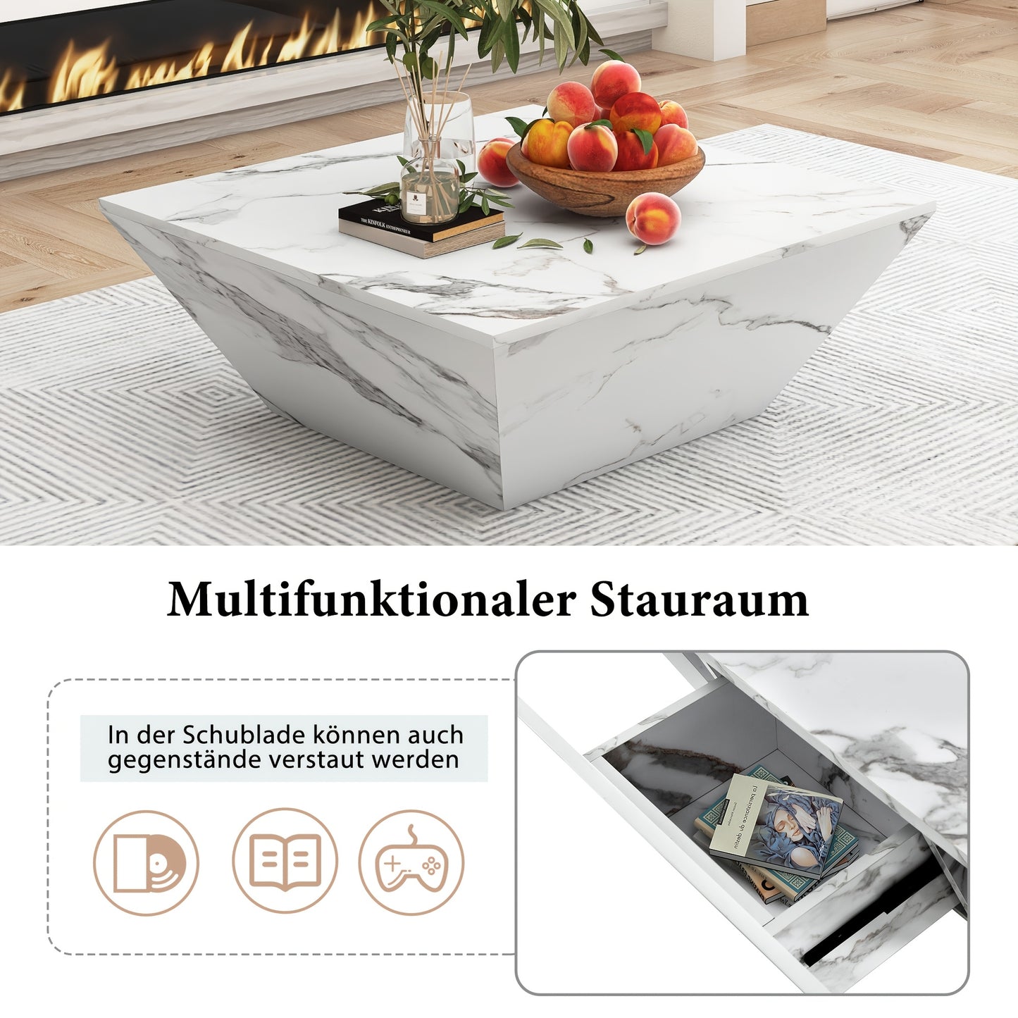 Salontafel – Koffietafel – Bijzettafel – Woonkamertafel – Tafel – Drumvorm – Witte Marmerfineer – 70x70x37 cm