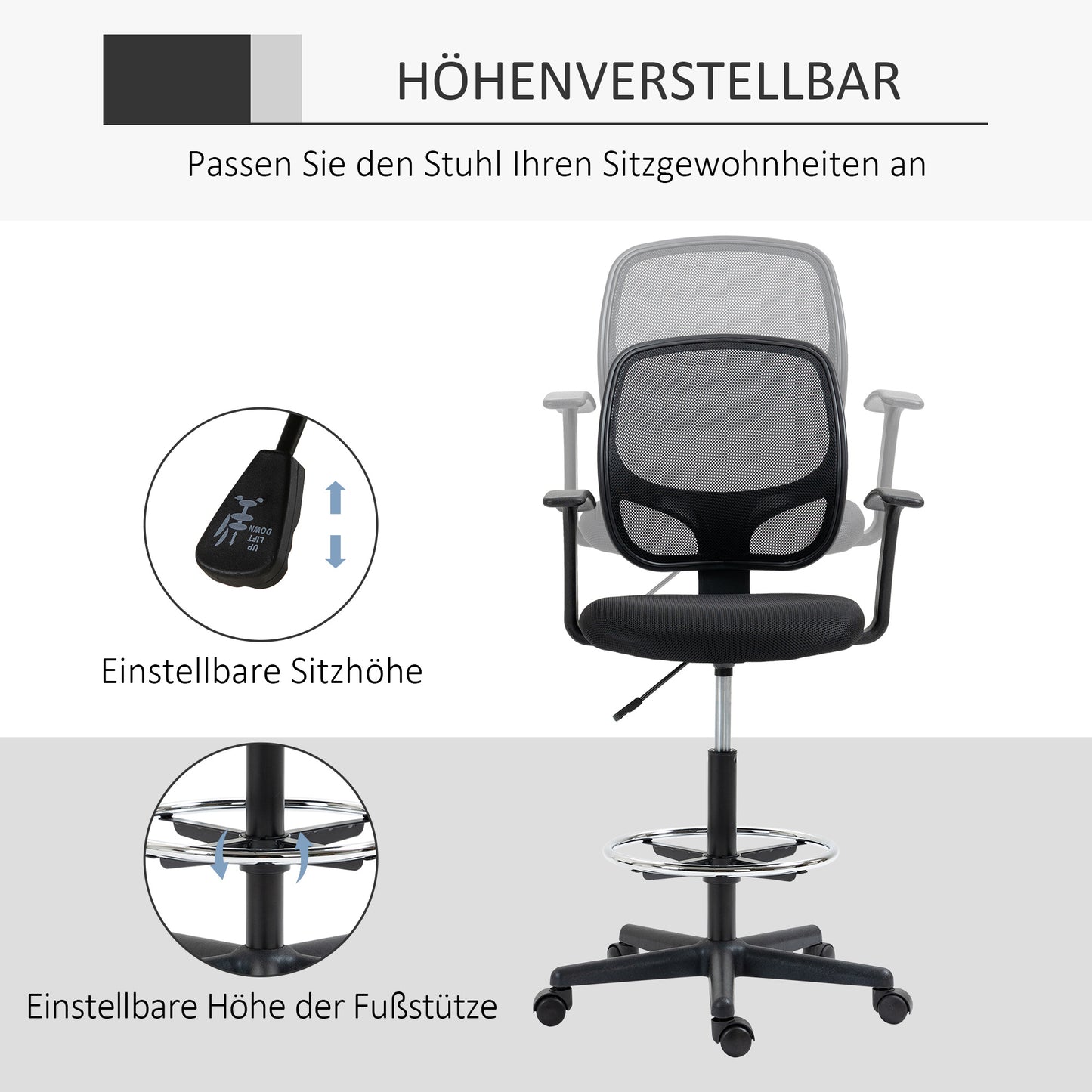 Bureaustoel – Werkstoel – Office Chair – Draaistoel – Tekentafelstoel – Verstelbare Zithoogte 110-132 cm – Inclusief Voetenring Mesh Rugleuning – Zwart