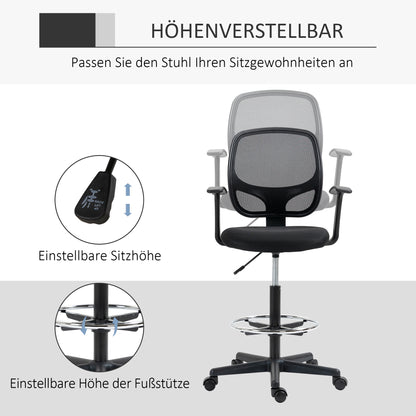 Bureaustoel – Werkstoel – Office Chair – Draaistoel – Tekentafelstoel – Verstelbare Zithoogte 110-132 cm – Inclusief Voetenring Mesh Rugleuning – Zwart