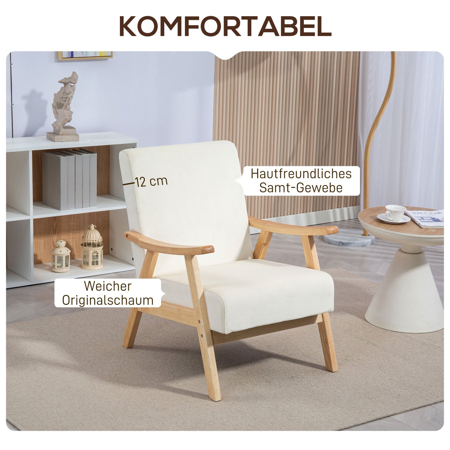 Fauteuil – Zetel – Relaxstoel – Armstoel – Crèmewit – Rubberwood Frame – Comfortabele Schuimvulling