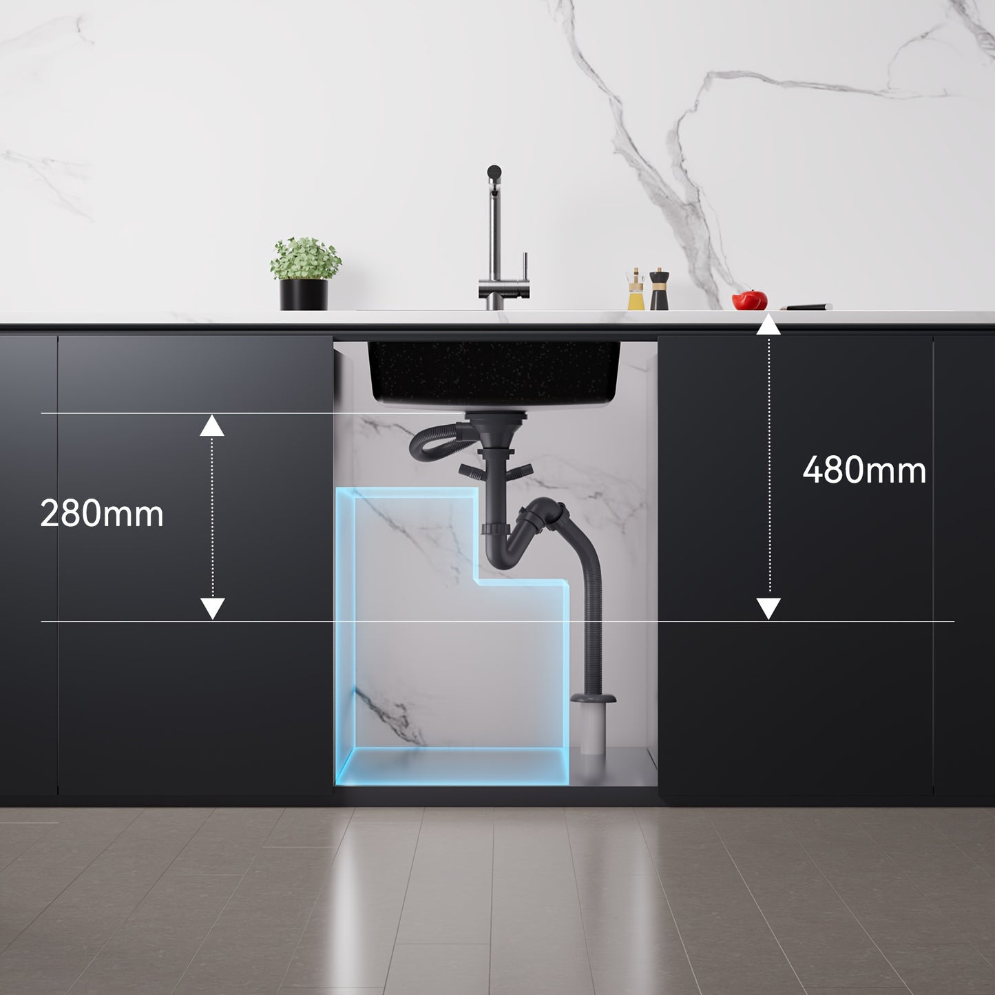 Keukenbak Kwartssteen – Gootsteen – Spoelbak – Keukenspoelbak – Enkele Kom – Zwart – 55x45 cm – Krasvast & Hittebestendig – Overloop & Afvoersysteem