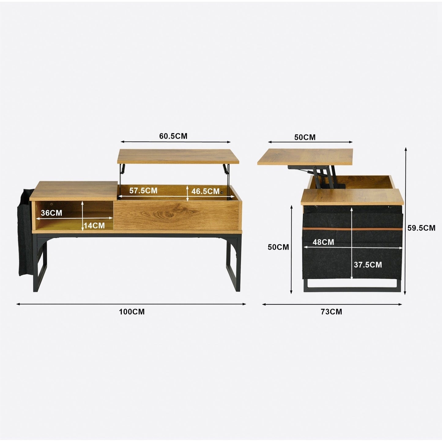 Retro Salontafel – Koffietafel – Woonkamer Tafel – Opbergtafel – Werktafel – Verstelbaar Lift-Top – 2 Opbergruimtes – Metaal Frame – Original Houtkleur – Inclusief Stoffen Opbergtas – 100x50x45 cm