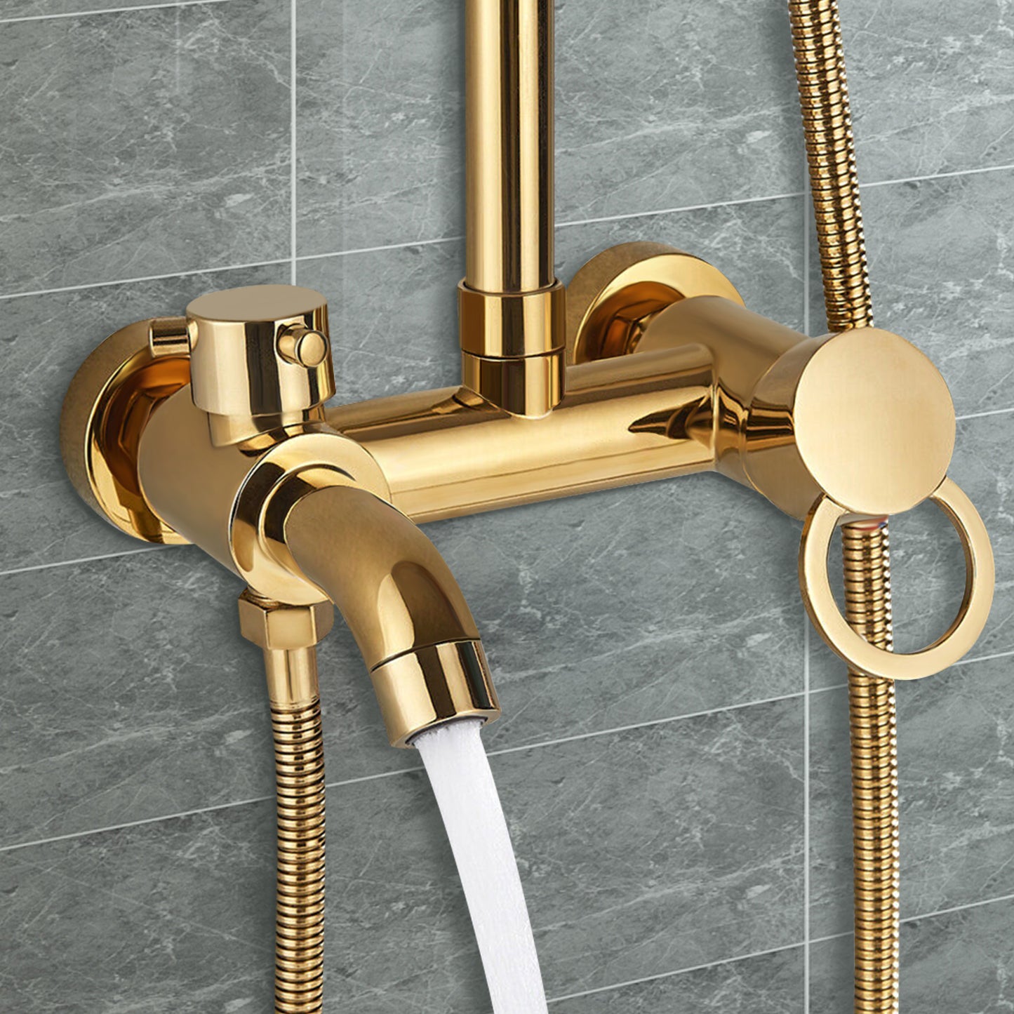 CNCEST Luxury Golden Shower Set with Handheld Spray & 20cm Rain Shower Head - Adjustable Height 31.5-46 Inch Wall-Mounted Brass & Stainless Steel Bathroom Faucet System, Modern Circular Design for Home & Hotel Bathrooms, Comp