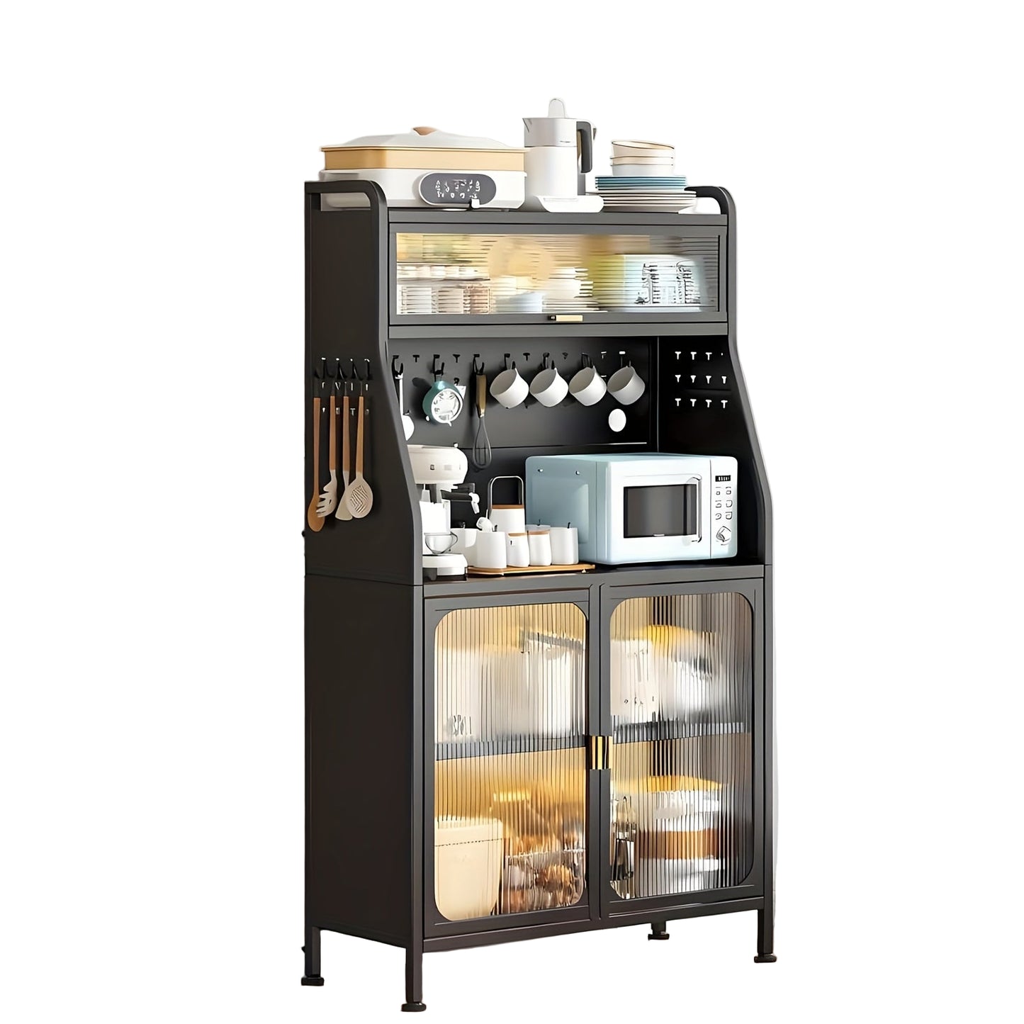 Keukenkast – Hoge Kast – Opbergkast – Magnetronkast – Buffetkast – Verstelbare Planken – Op Wieltjes – 66x36x160 cm – Stevig Metaal
