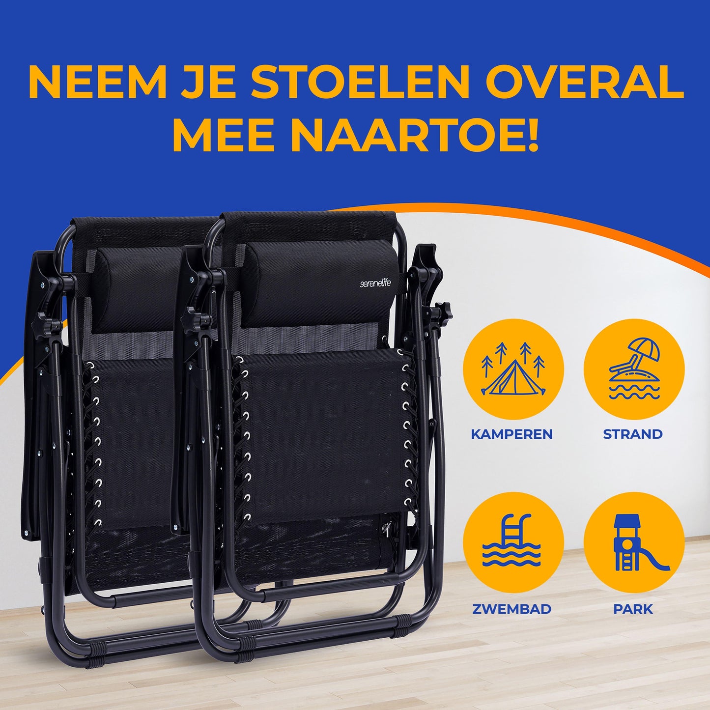 Verstelbare Tuinstoel – Loungestoel – Ligstoel – Balkonstoel – Strandstoel – Set Van 2 – Inklapbaar Met Zonwering – Afneembare Kussens En Bekerhouders – Zwart